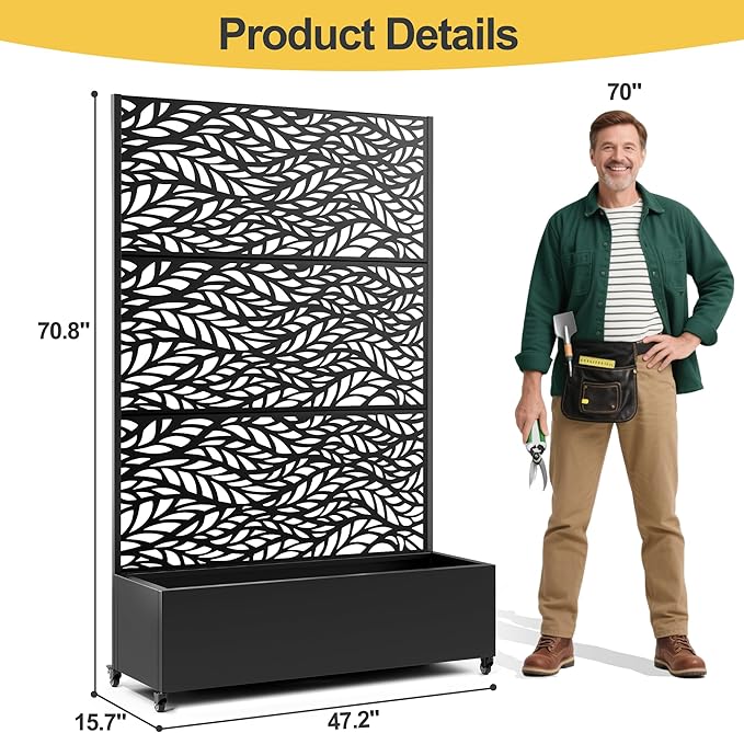 Raised Garden Bed with Trellis and Wheels,73"x47"x16" Metal Raised Garden Bed,Black Flowing Leaf Metal Planter with Climbing Trellis for Vines & Vegetables