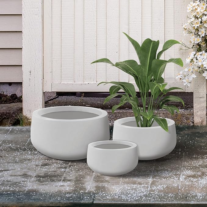 Kante 19.6",15.7",11.8" Dia Round Concrete Planters Set of 3, Outdoor Indoor Garden Plant Pots with Drainage Hole and Rubber Plug, Modern Curvaceous Design, Pure White