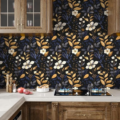 Laatse Blue/Gold Leaf Wallpaper Peel and Stick Vintage Dark Floral Wallpaper - Image 6