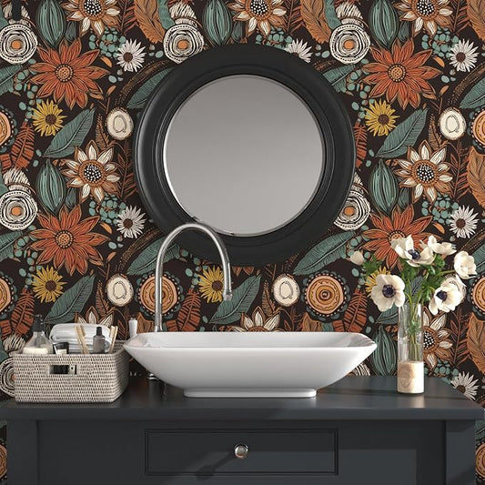 Rustic Boho Wallpaper Peel and Stick, Vintage Dark Brown Floral Contact Paper - Image 2