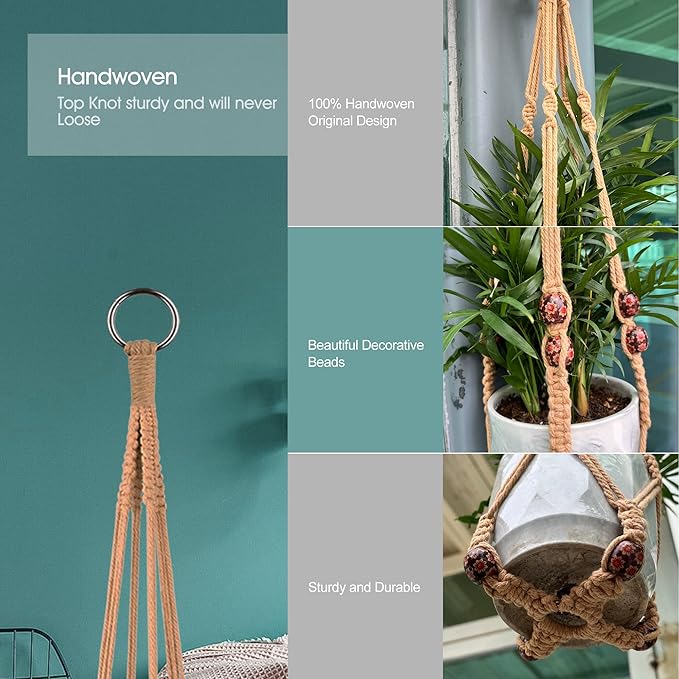 RIFNY Macrame Plant Hanger for 5 to 10 Inch Plant Pots, 35 Inch Woven Rope Hanger Kits with Hooks and Wood Beads, Hanging Planter Basket for Indoor Boho Home Decor (Brown, 3 Pack)
