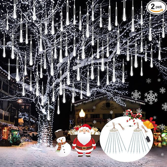 2-Pack Christmas Decorations Lights Outdoor, Total 384LED Meteor Shower Lights Rain Drop Light 30cm 16 Tubes Indoor Outdoor Snow Cascading String Light for Xmas Tree Roof Party Garden (Cool White)