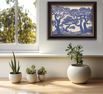Vintage Gold Framed Wall Art Oak Tree Forest Painting Canvas Prints Blue - Image 7