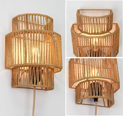 Plug-in Wall Sconces Set of 2, Handwoven Bohemian Wall Decor - Image 3