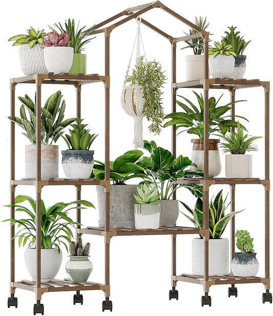 Bamworld Plant Stand with Wheels Indoor Hanging Plant Shelf Outdoor Large Plant Rack for Multiple Plants Boho Home Decor Plant Gift for Mom Women
