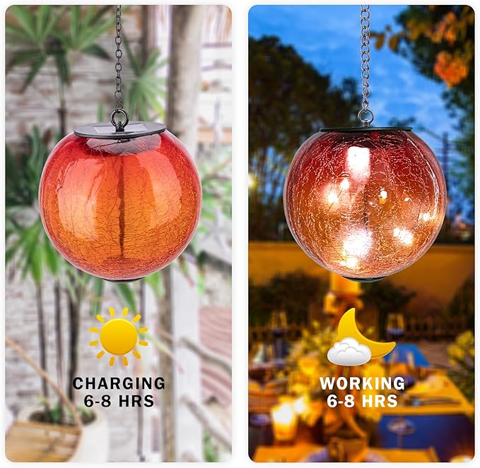 Hanging Solar Lights Outdoor Solar Lanterns Outdoor Decorative Cracked Glass Ball Lights Solar Powered Waterproof LED Globe Lantern for Outdoor Porch Patio Garden Decor Gift Orange