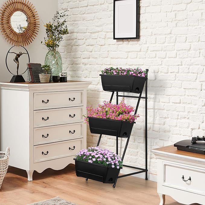 Vertical Raised Garden Bed 3 Tier Elevated Garden Planters Stand Up Garden Planter Box with Drainage Holes for Outdoor Indoor Plants Herbs Flowers Vegetables Black