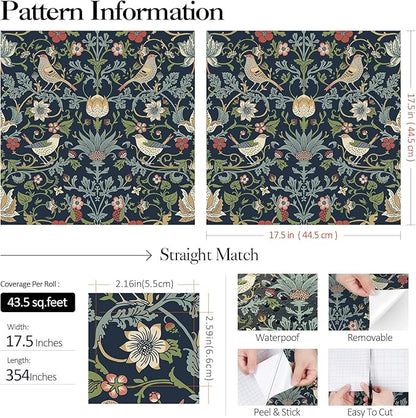 FunStick 17.5"x354" Dark Blue William Morris Wallpaper Vintage Antique Leaves - Image 7