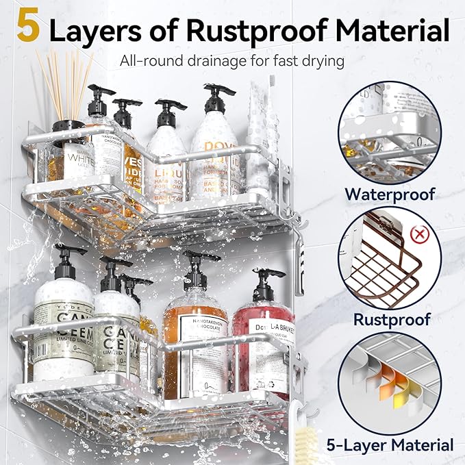 YASONIC Corner Shower Caddy Organizer, Self-Adhesive Rustproof Bath Shelves - Image 2