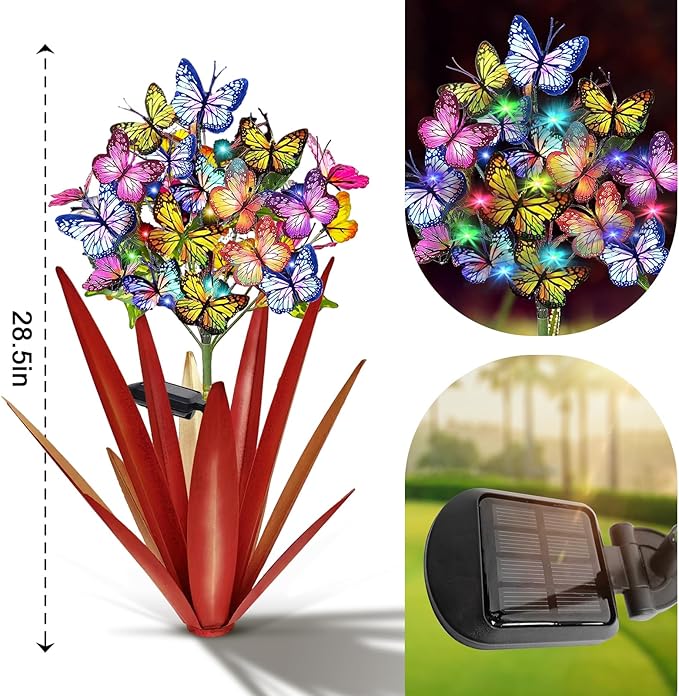 Homight Solar Metal Agave Butterfly Flower Stick Garden Sculpture - Outdoor Gift, Christmas Lights - Swaying Butterfly Garden Lights - Solar Outdoor (3 PCS RED)