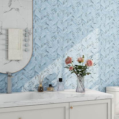 Livelynine Blue Fabric Wallpaper Peel and Stick Prepasted Herringbone Faux - Image 4