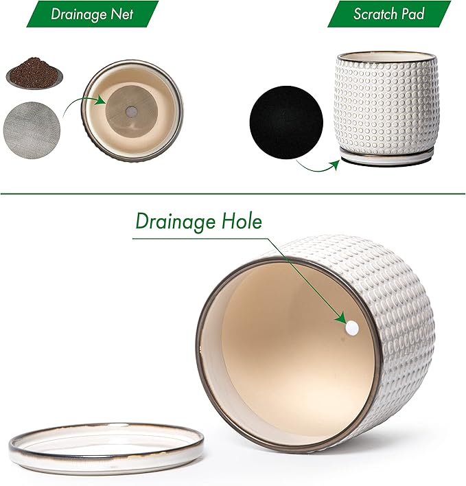 D'vine Dev Set of 2 Ceramic Plants Pots, 4 Inch Beaded Stoneware Flower Pot for Plants with Drainage Hole and Saucer, Smoked White, 27-E-Z-1