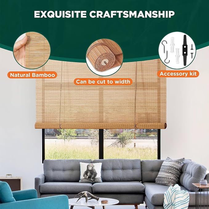 Bamboo Roller Blinds Shades, Outdoor Bamboo Roll Up, Vertical Lifting, - Image 3