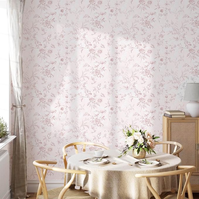 Ismoon Peel and Stick Wallpaper Floral Pink Stick on Wall Paper Vintage French - Image 3