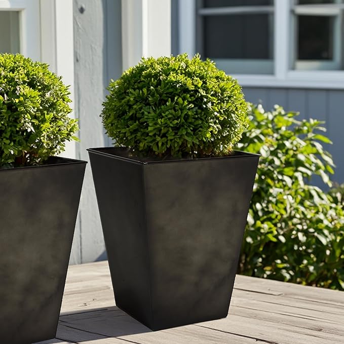 Worth Garden Large Metal Glazed Floor Planter Set of 2-14" Dia x 18" H - Luxurious Glossy Finish Black Tall Square Tapered Steel Plant Pots, Decor Flower Pot Indoor & Outdoor, Drainage Hole