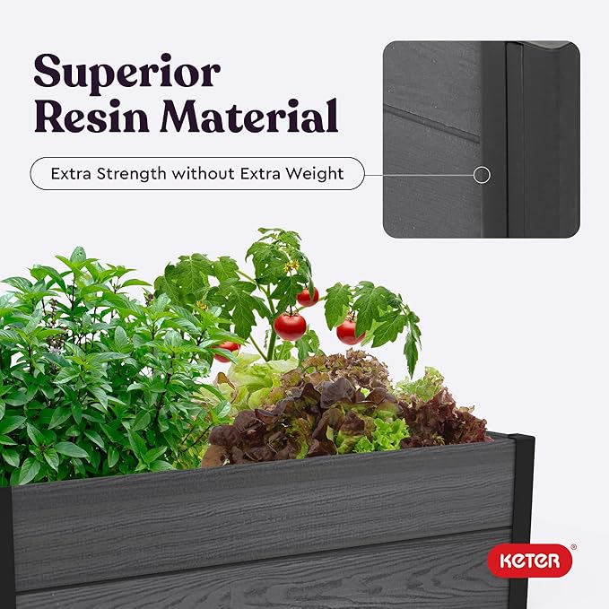 Keter 48" X 48" inches Wood Look Raised Garden Bed, Durable Outdoor Herb Garden Planter for Vegetables, Flowers, and Succulents, Grey