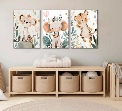 3 Pcs Safari Animals Nursery Canvas Wall Art Jungle Animals Cheetah Elephant - Image 2