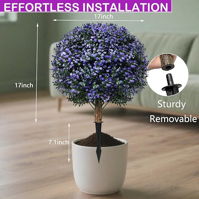 Set of 2 Artificial Boxwood Topiary Ball Trees Outdoor Faux Shrubs Artificial Boxwood Plants with Ground Spike, 24" Lavender Fake Evergreen Tree UV Resistant for Planter,Potted,Fall