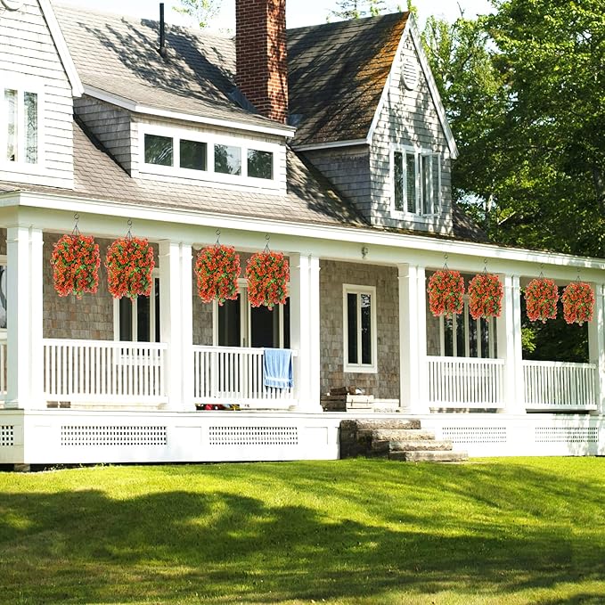 Artificial Hanging Flowers in 12 inch Basket, Fake Fall Plant Silk Orchid Flower Arrangement with Coconut Lining Pot Planter for Patio Garden Porch Deck Summer Autumn Decorationr(Orange)