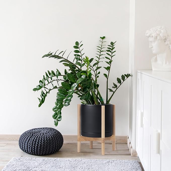 D'vine Dev Ceramic Planter with Natural Stand - 12 Inch Modern Round Flower Pot with Wood Planter Holder, Black, 55-B-J-2