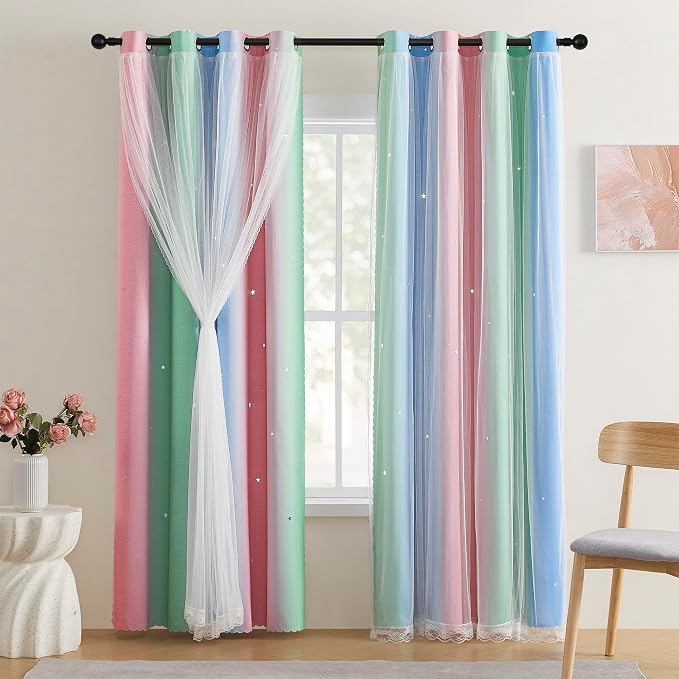 XiDi Pink & Rainbow Curtains for Kids & Girl Bedrooms by Addsomecolortolife