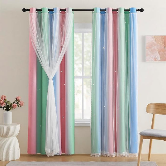 XiDi Pink & Rainbow Curtains for Kids & Girl Bedrooms by Addsomecolortolife