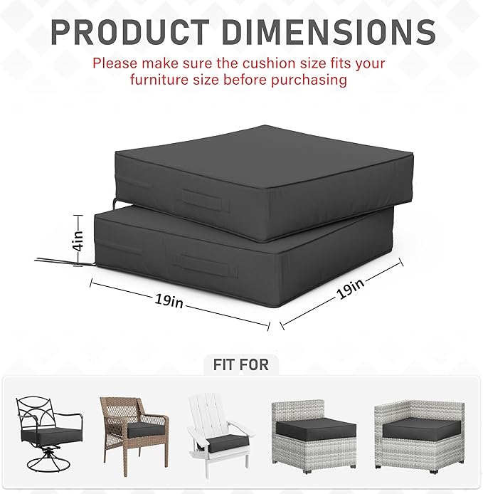 Patio Chair Cushions 19 X 19 X 4 Inch Waterproof Outdoor Seat Cushions for Patio Furniture, Outdoor Sofa Couch Pads with Ties & Handle, Set of 2, Grey