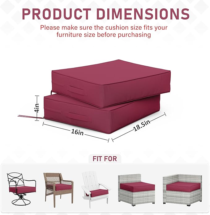 Patio Chair Cushions 18.5 X 16 X 4 Inch Waterproof Outdoor Seat Cushions for Patio Furniture, Outdoor Sofa Couch Pads with Ties & Handle, Set of 2, Fuchsiared
