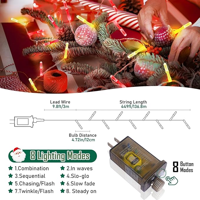 Heceltt 1140 LED 449 FT String Lights Outdoor, 8 Modes Christmas Lights Plug in, IP44 Waterproof Led String Lights with Timer and Memory for Xmas Yard Party Decorations (Red and Warm White)