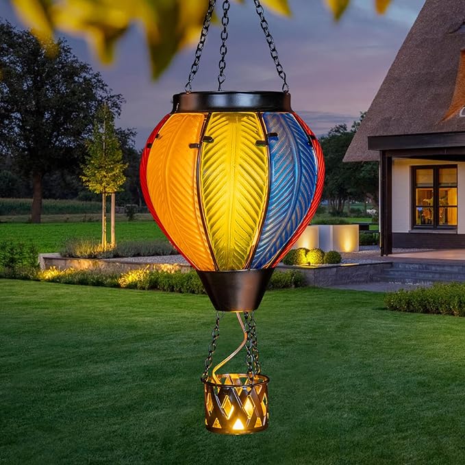 Hot Air Balloon Solar Lantern with Flickering Flame, Hanging Solar Lantern Metal Outdoor Waterproof Lights for Garden Yard Porch Patio Decorations Christmas Gifts (Multi-Colored Glass)