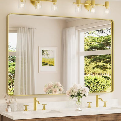 TETOTE 60 x 40 Inch Brushed Gold Frame Mirror, Brass Bathroom Vanity Mirror by TETOTE
