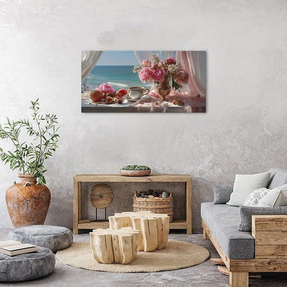 Vintage Pink Flower Wall Art Retro Flowers in Golden Vase Pictures Blue Ocean - Image 5