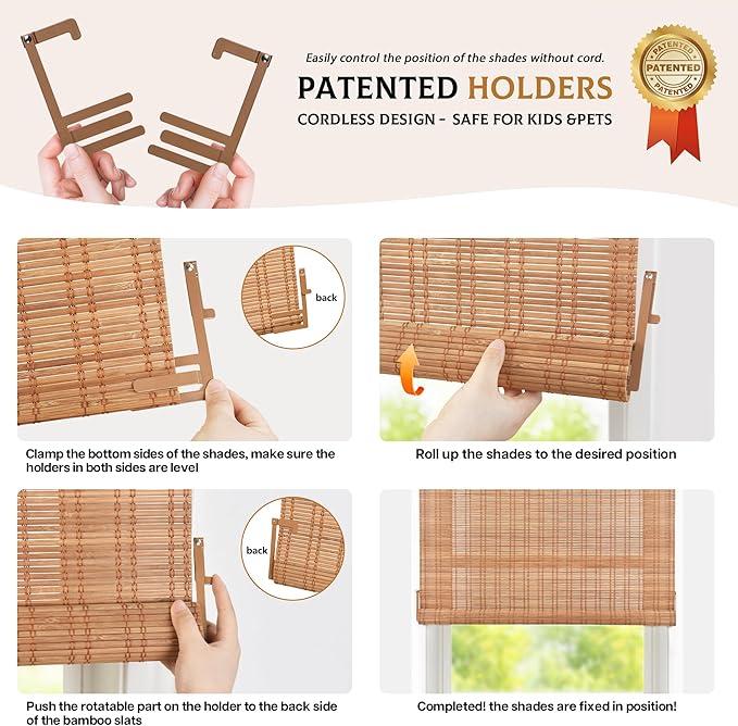 LazBlinds No Tools No Drill Bamboo Roller Shades, Custom Cordless Bamboo Blinds - Image 4