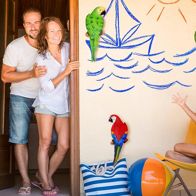 2 Pieces Parrot Decor Outdoor Tiki Bar Decorations Large Realistic Parrot Statues for Outside Lifelike Bird Sculptures Garden Patio Yard Lawn Figurines for Tropical Animal Tree Wall (Green, Red)