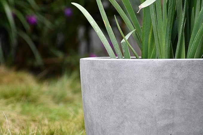 Kante 14 Inch Dia Round Concrete Planter, Indoor Outdoor Large Plant Pot with Drainage Hole and Rubber Plug for Home Patio Garden, Natural Concrete