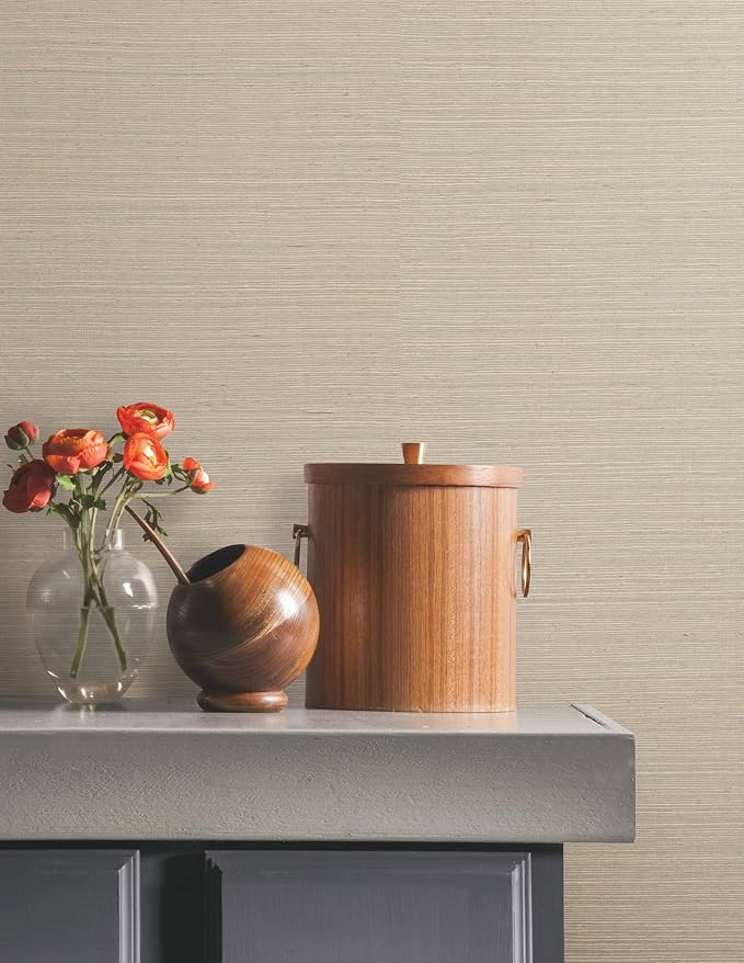 York Wallcoverings Natural Sisal Warm Grey Peel and Stick Grasscloth Wallpaper - Image 2