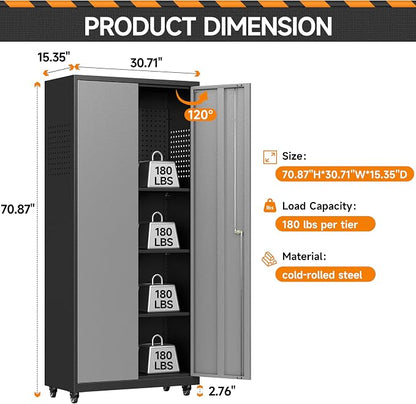 Garage Storage Cabinet with Wheels, Metal Storage Cabinet with 2 Doors and - Image 3