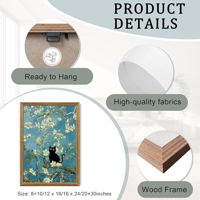 Fantasy Artists Van Gogh's Almond Blossom Funny Black Cat Canvas Wall Art - Image 6
