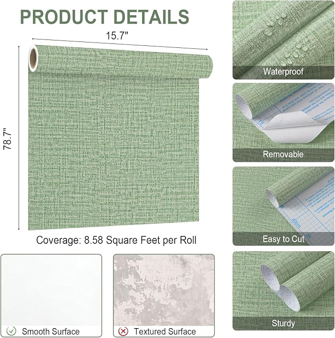 Guvana Grasscloth Peel and Stick Wallpaper Green Textured Contact Paper Modern - Image 6