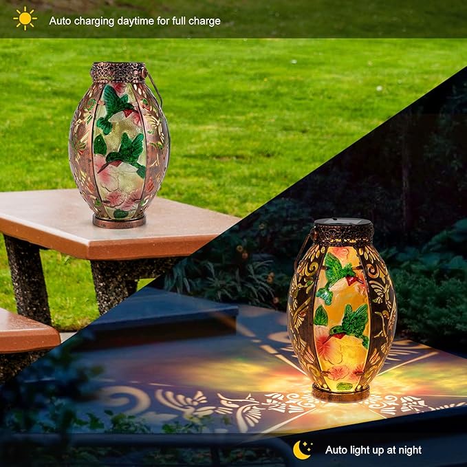 Hanging Solar Lantern Outdoor Waterproof Glass Solar Hummingbird Flickering Flame LED Garden Lights Metal Hollowed-Out Table Lamps Garden Decorations for Yard Patio Pathway Tabletop Tree Holiday