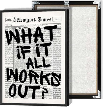 Retro Black And White Newspaper Poster What If It All Works Out Canvas Wall Art by Drimiler