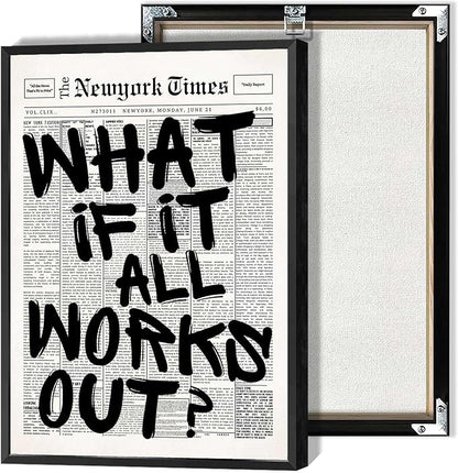 Retro Black And White Newspaper Poster What If It All Works Out Canvas Wall Art by Drimiler