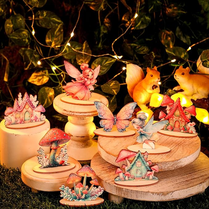 16 Pcs Fairy Party Decorations Wooden Fairies Centerpieces Table Topper Vintage Fairies Mushroom Butterfly Decorations for Home Table Woodland Forest Birthday Party Decor