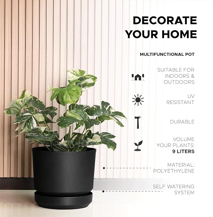 Elly Décor 10 inch Plastic Cylinder Planter Pot with Self-Watering Saucer and Drainage Hole,Lightweight & Extremely Durable, 10"x 10", Black