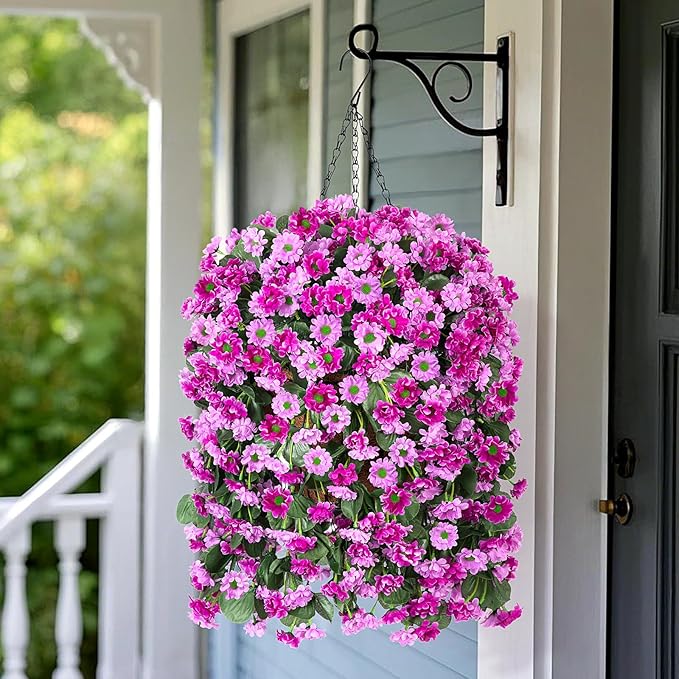 Hanging Baskets Artificial Flowers for Outdoor Interior Decor, Artificial Daisies Flowers Shrubs Plants with Baskets for Home Porch Garden Patio Spring Summer Decoration(Double Lotus)