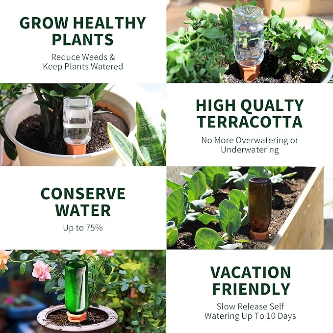 Wine Bottle Watering Spikes, Terracotta Watering Spikes for Out | Indoor Plants, Self Watering Planter Insert, Vacation Plant Watering Devices, Clay Plant Watering Globes, 8-Pack