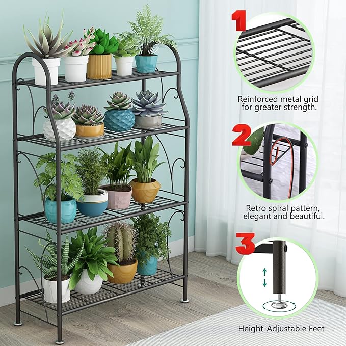 SORCEDAS Plant Stand Indoor Outdoor Plant Shelf 4 Tier Metal Corner Flower Stand Multiple Holder for Patio Garden Balcony Living Room, Dark Grey