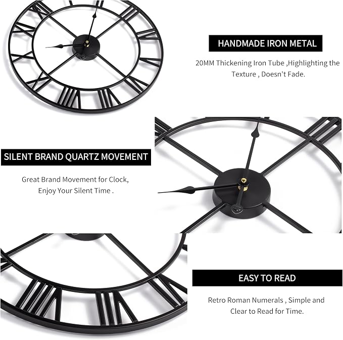 Large Modern Metal Wall Clocks Rustic Round Nearly Silent Little Ticking - Image 4