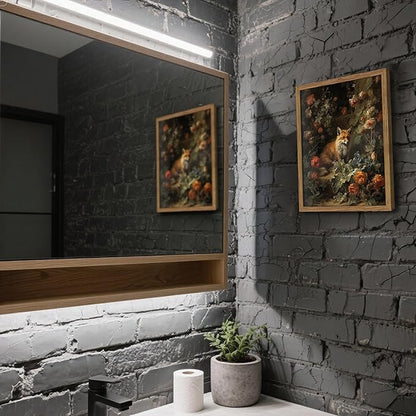 Framed Dark Academia Fox Canvas Wall Art, Sitting Fox Surrounded by Flowers - Image 4