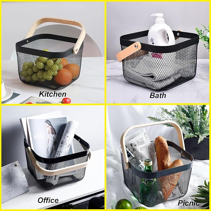 2 Pack Garden Harvest Baskets, Picnic Baskets with Durable Metal Mesh and Bamboo Handle, Perfect for Shopping, Gardening, Picnics, and Organizing